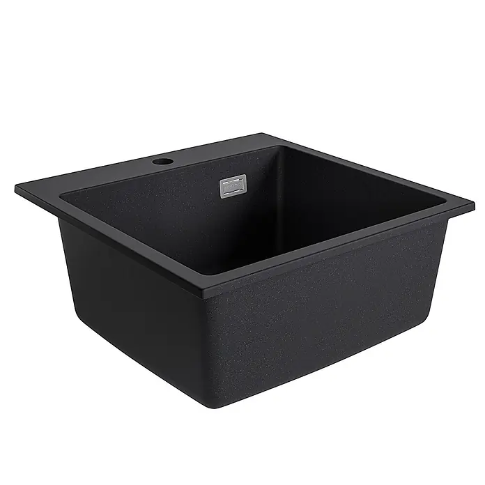 LOMAZOO Waschbecken LMZ-ALONSO - Mit Überlauf, Schwarz - Schwarze gesprenkelte Einbauspüle mit einem Becken und Hahnloch.
