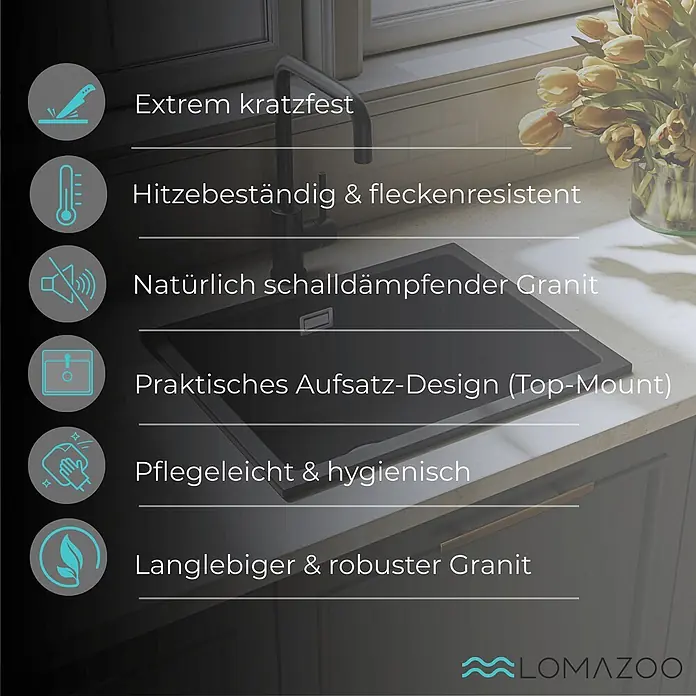 LOMAZOO Waschbecken LMZ-ISCO - B x L: 30 x 40 cm, Mit Überlauf, Schwarz - Dunkle Granit-Küchenspüle, in eine moderne Arbeitsplatte integriert.