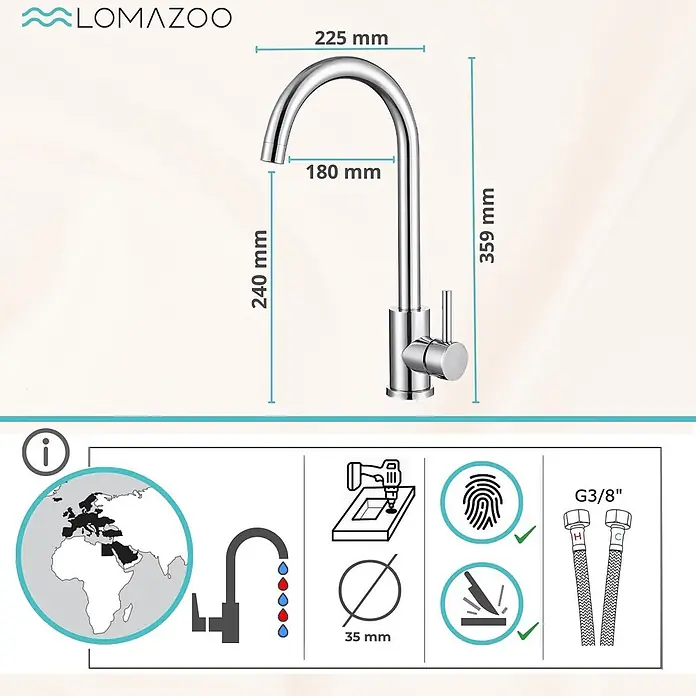 LOMAZOO Spültischarmatur LMZ-APOLLO - Chroom - Glänzende Chrom-Einhebel-Küchenarmatur mit elegantem geschwungenem Auslauf, detailliert mit Maßen und Merkmalen.
