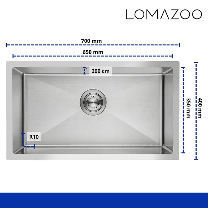 LOMAZOO Waschbecken LMZ-CAPRI - B x L: 40 x 70 cm, Mit Überlauf, Stahl - Edelstahl-Küchenspüle mit R10-Ecken und Maßen: 700x400 mm (außen), 650x350 mm (innen), 200 cm tief.
