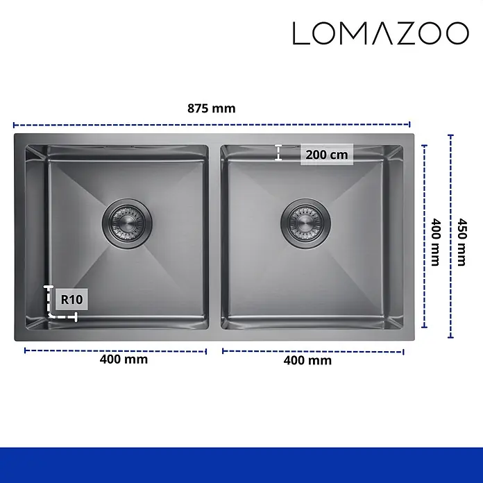 LOMAZOO Waschbecken LMZ-AQUARIUS - B x L: 45 x 87,5 cm, Mit Überlauf, Gunmetal - Edelstahl-Doppelspülbecken mit engen R10-Ecken und Maßen: 875x450 mm, 200 mm tiefe Becken.
