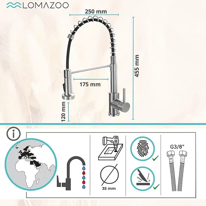 LOMAZOO Spültischarmatur LMZ-PEARL - Geborsteld Nikkel - Silberne Küchenarmatur mit Ausziehbrause, Einhebelmischer und Maßen (455mm H, 250mm Ausladung).
