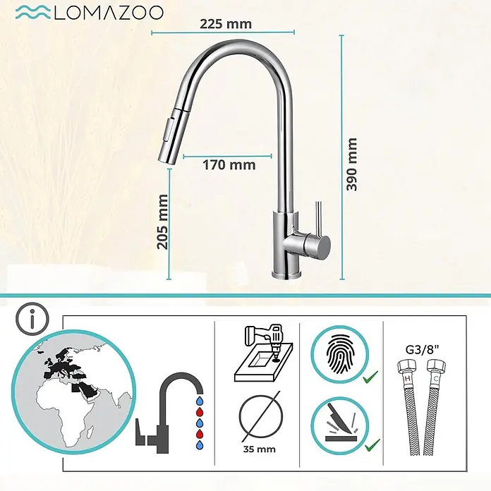 LOMAZOO Spültischarmatur YJ-PSWK-BLL9 - Chroom - Verchromte Küchenarmatur mit herausziehbarer Brause. Maße: Höhe 390mm, Ausladung 225mm. Inkl. G3/8"-Anschlussschläuche.