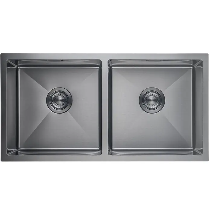 LOMAZOO Waschbecken LMZ-AQUARIUS - B x L: 45 x 87,5 cm, Mit Überlauf, Gunmetal - Edelstahl-Doppelspüle mit zwei Becken und passenden Abläufen.