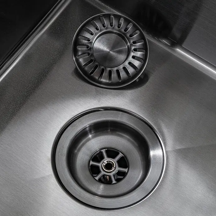 LOMAZOO Waschbecken LMZ-AQUARIUS - B x L: 45 x 87,5 cm, Mit Überlauf, Gunmetal - Edelstahl-Küchenspüle mit Hauptablauf und separatem, perforiertem Korbsieb.