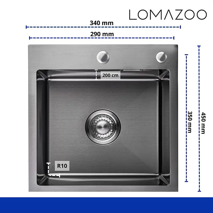LOMAZOO Waschbecken LZELLA - B x L: 34 x 45 cm, Mit Überlauf, Gunmetal - Edelstahl-Küchenspüle in Draufsicht mit Maßangaben.