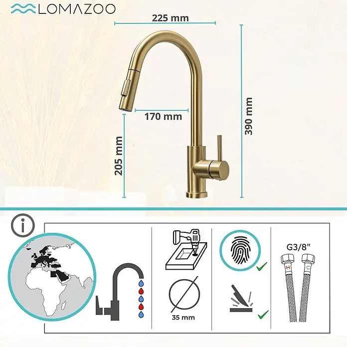 LOMAZOO Spültischarmatur LMZ-SPHINX - Goud - Goldene Küchenarmatur mit Ausziehbrause, 390 mm hoch. Anti-Fingerprint, kratzfest und G3/8" Anschlüsse.