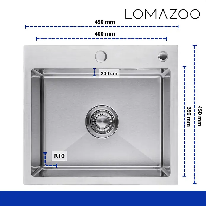 LOMAZOO Waschbecken LMZ-KYLE - B x L: 45 x 45 cm, Stahl - Edelstahl-Küchenspüle, 450x450mm, mit Einzelbecken (400x350mm), R10 Ecken, Abfluss, Überlauf und Hahnlöchern.