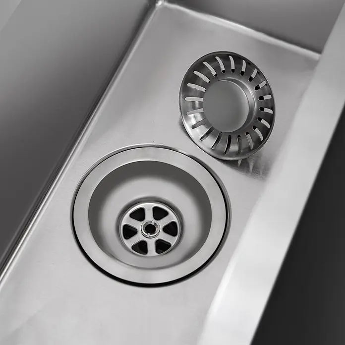 LOMAZOO Waschbecken LMZ-RINCON - B x L: 44 x 22,4 cm, Mit Überlauf, Stahl - Edelstahl-Spülbeckenabfluss mit herausnehmbarem Siebkorb in einer Spüle.