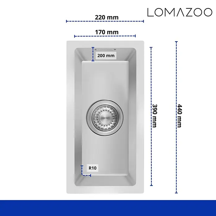 LOMAZOO Waschbecken LMZ-RINCON - B x L: 44 x 22,4 cm, Mit Überlauf, Stahl - Hellgraues LOMAZOO Küchenspülbecken mit Chromablauf, detaillierte Maße angezeigt.