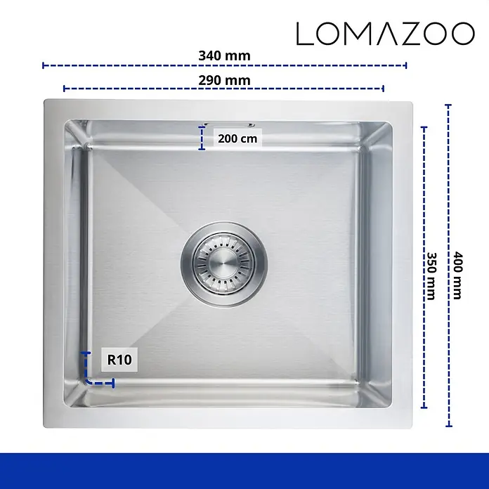 LOMAZOO Waschbecken JT-P7KX-TD1V - B x L: 34 x 34 cm, Mit Überlauf, Stahl - Edelstahl-Küchenspüle mit Maßen 340x400 mm (außen), 290x350 mm (innen), R10-Ecken und 200 mm Tiefe.