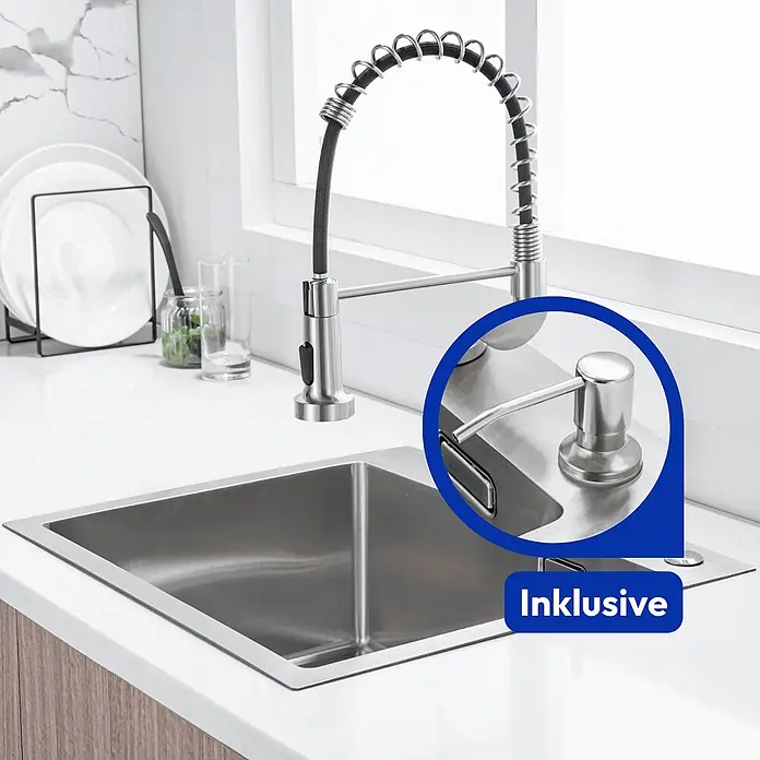 LOMAZOO Waschbecken LMZ-JACK - B x L: 34 x 45 cm, Mit Überlauf, Stahl - Küchenarmatur aus gebürstetem Nickel mit Brause und passendem Seifenspender am Spülbecken.
