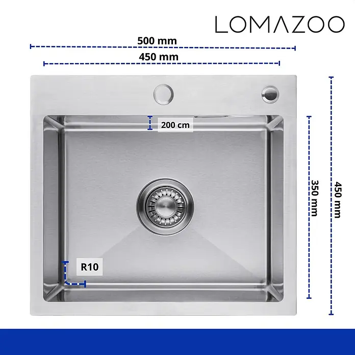 LOMAZOO Waschbecken LMZ-TRISTAN - B x L: 50 x 45 cm, Mit Überlauf, Stahl - Edelstahl-Küchenspüle mit Einzelbecken, R10-Ecken und angezeigten Maßen: 500x450mm gesamt, 450x350mm Becken, 200mm Beckentiefe.