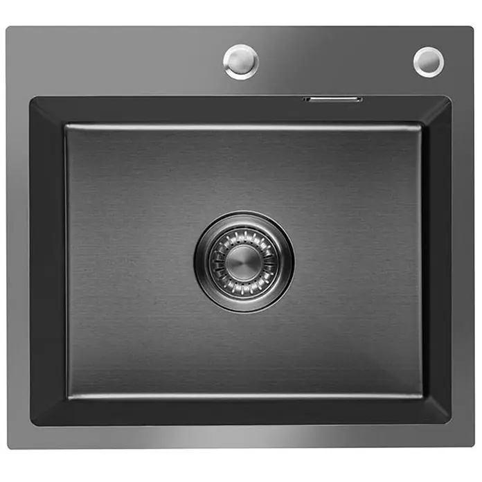 LOMAZOO Waschbecken LZFALLON - Mit Überlauf, Gunmetal - Rechteckige dunkelgraue Spüle aus gebürstetem Edelstahl mit zentralem Abfluss und zwei Bedienelementen.
