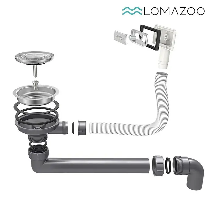 LOMAZOO Waschbecken LZFALLON - Mit Überlauf, Gunmetal - Explosionszeichnung eines Spülbeckenablaufs und Überlaufsets mit Edelstahlteilen, grauen PVC-Rohren und weißem Flexschlauch.