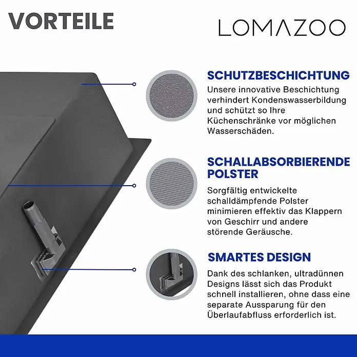LOMAZOO Waschbecken LMZ-GALAXY - B x L: 45 x 59,5 cm, Mit Überlauf, Gunmetal - Dunkelgraue Spüle mit Schutzbeschichtung, schalldämpfenden Polstern und schlankem Design für einfache Montage.