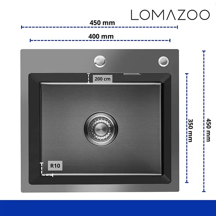 LOMAZOO Waschbecken LZFALLON - Mit Überlauf, Gunmetal - Dunkelgraue Edelstahl-Küchenspüle mit Einzelbecken, R10-Ecken und Ablauf. Gesamt 450x450mm, Becken 400x350mm, Tiefe 200cm.