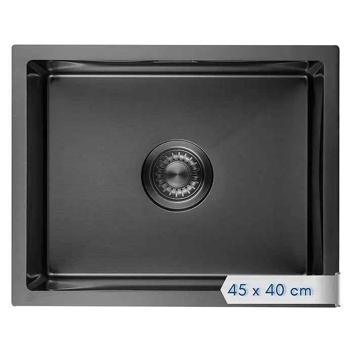 LOMAZOO Waschbecken P5-SNJ1-CD67 - Mit Überlauf, Gunmetal - Dunkelgraue Einzelbecken-Küchenspüle mit gebürsteter Oberfläche und integriertem Abfluss. Maße: 45 x 40 cm.