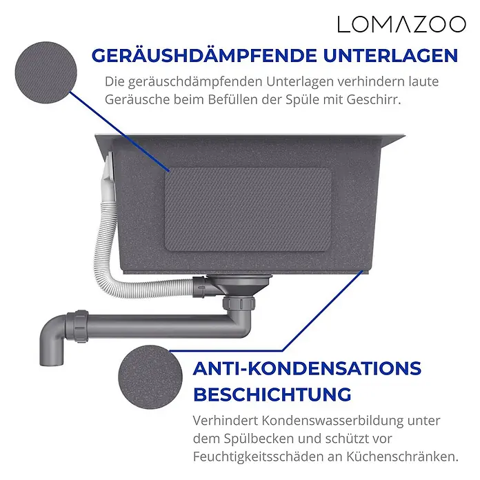 LOMAZOO Waschbecken LMZ-GALAXY - B x L: 45 x 59,5 cm, Mit Überlauf, Gunmetal - Dunkelgraues Spülbecken, von unten gezeigt, mit geräuschdämpfenden Unterlagen und Antikondensationsbeschichtung.