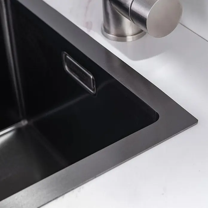 LOMAZOO Waschbecken NOAH-LMZ - Gunmetal - Schwarzes rechteckiges Spülbecken mit modernem gebürstetem Metallhahn.