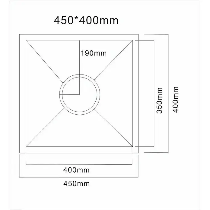 LOMAZOO Waschbecken P5-SNJ1-CD67 - Mit Überlauf, Gunmetal - Technische Zeichnung eines rechteckigen Waschbeckens mit Maßen: insgesamt 450x400mm, innen 400x350mm, und zentralem Abfluss.