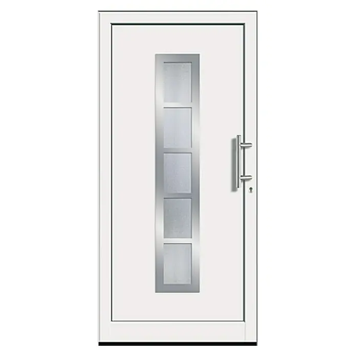 Solid Elements Haustür Stripe II - 110 x 210 cm, DIN Anschlag: Rechts, Weiß - Elegante weiße Haustür mit rechteckigem Design, vier quadratischen Glaseinsätzen und einem modernen Edelstahlgriff.