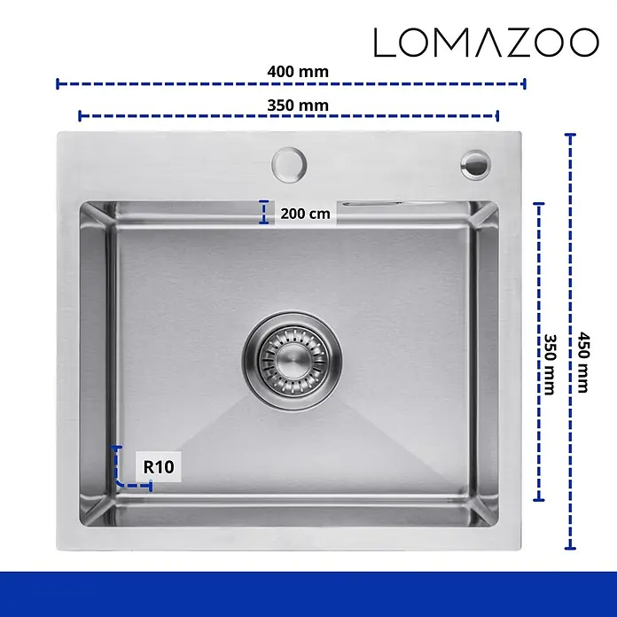 LOMAZOO Waschbecken LMZ-RYAN - B x L: 40 x 45 cm, Mit Überlauf, Stahl - Edelstahl Küchenspüle, Gesamtmaße 400x450mm, Becken 350x350mm, 200cm Tiefe, R10 Eckenradius.