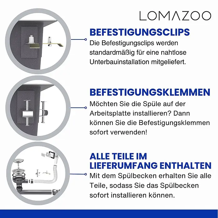 LOMAZOO Waschbecken LMZ-GALAXY - B x L: 45 x 59,5 cm, Mit Überlauf, Gunmetal - Umfassendes Set an Spülbecken-Installationszubehör: Unterbau-Clips, Aufsatz-Klemmen und ein komplettes Ablaufgarnitur-Set.