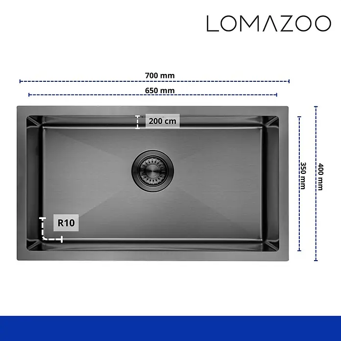 LOMAZOO Waschbecken LMZ-SIERRA - B x L: 40 x 70 cm, Mit Überlauf, Gunmetal - Dunkelgraue Edelstahl-Küchenspüle mit Einzelbecken und R10 Ecken. Außenmaße: 700mm x 400mm. Becken: 650mm x 350mm. Tiefe: 200cm.