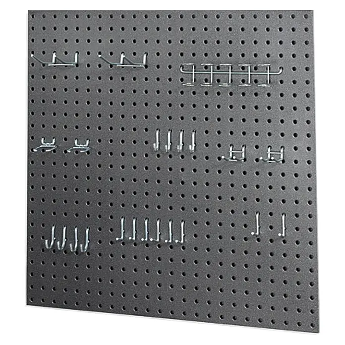 Lochwand-Set - 60 x 60 cm, 2 Stk. - Graue Lochplatte mit verschiedenen Haken zur Werkzeugaufbewahrung, ideal für Garage oder Werkstatt.
