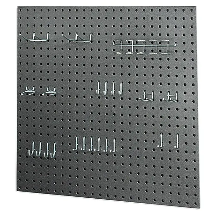Lochwand-Set - 60 x 60 cm, 2 Stk. - Graue Lochplatte mit verschiedenen Haken zur Werkzeugaufbewahrung, ideal für Garage oder Werkstatt.