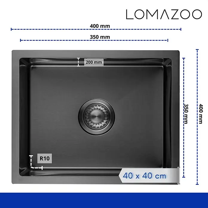 LOMAZOO Waschbecken BOAZ-LMZ - B x L: 40 x 40 cm, Mit Überlauf, Gunmetal - Dunkelgraues Einzelbecken-Küchenspülbecken mit Außenmaßen 400x400 mm, Becken 350x350 mm, 200 mm tief, und R10 Ecken.
