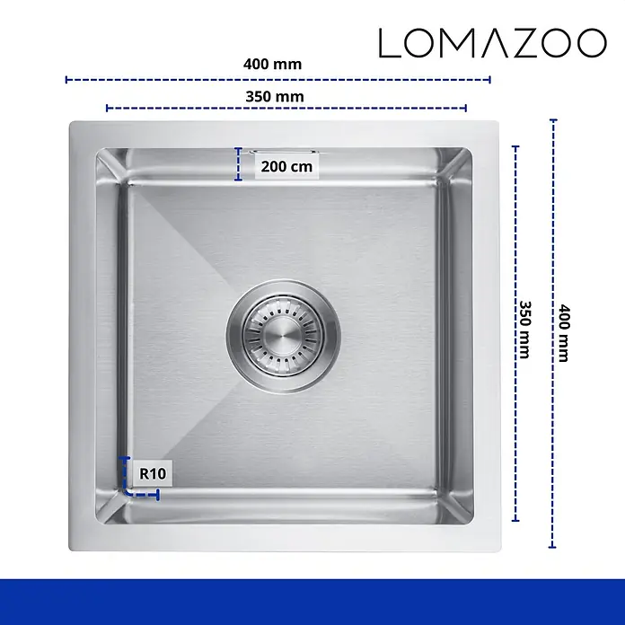 LOMAZOO Waschbecken 29-399C-95TX - Stahl - LOMAZOO quadratische Edelstahl-Küchenspüle mit abgerundeten R10-Ecken und mittigem Abfluss.