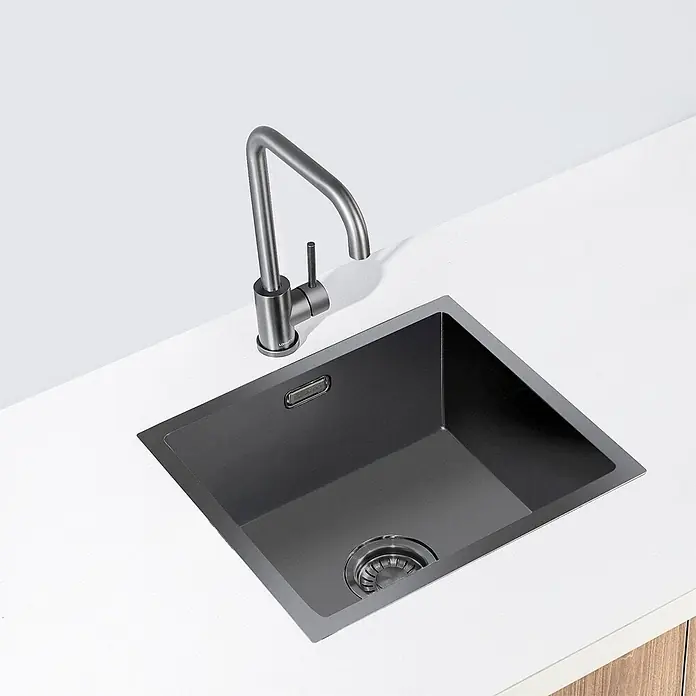 LOMAZOO Waschbecken BOAZ-LMZ - B x L: 40 x 40 cm, Mit Überlauf, Gunmetal - Dunkelgraue Küchenspüle mit modernem Wasserhahn aus gebürstetem Metall.