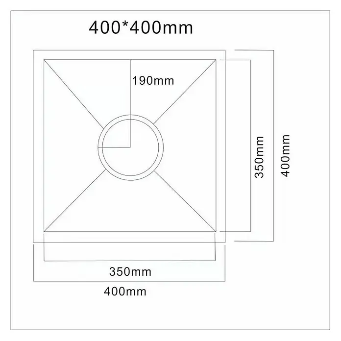 LOMAZOO Waschbecken BOAZ-LMZ - B x L: 40 x 40 cm, Mit Überlauf, Gunmetal - Technische Zeichnung eines quadratischen Beckens, mit Außenmaßen 400x400mm und Innenmaßen 350x350mm.