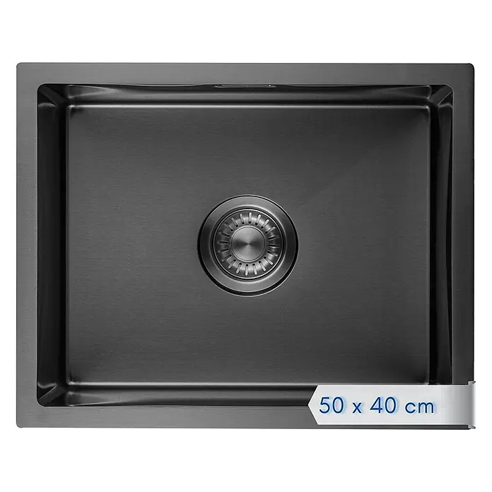 LOMAZOO Waschbecken LMZ-ONYX - Mit Überlauf, Gunmetal - Anthrazitfarbene Einzelspüle mit gebürsteter Oberfläche und zentralem Abfluss, 50 x 40 cm.