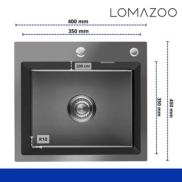 LOMAZOO Waschbecken LZAMY - B x L: 40 x 45 cm, Mit Überlauf, Gunmetal - Dunkelgraue Edelstahl-Einbauspüle mit einem Becken, Abfluss, Überlauf und R10 Ecken, Maße angezeigt.