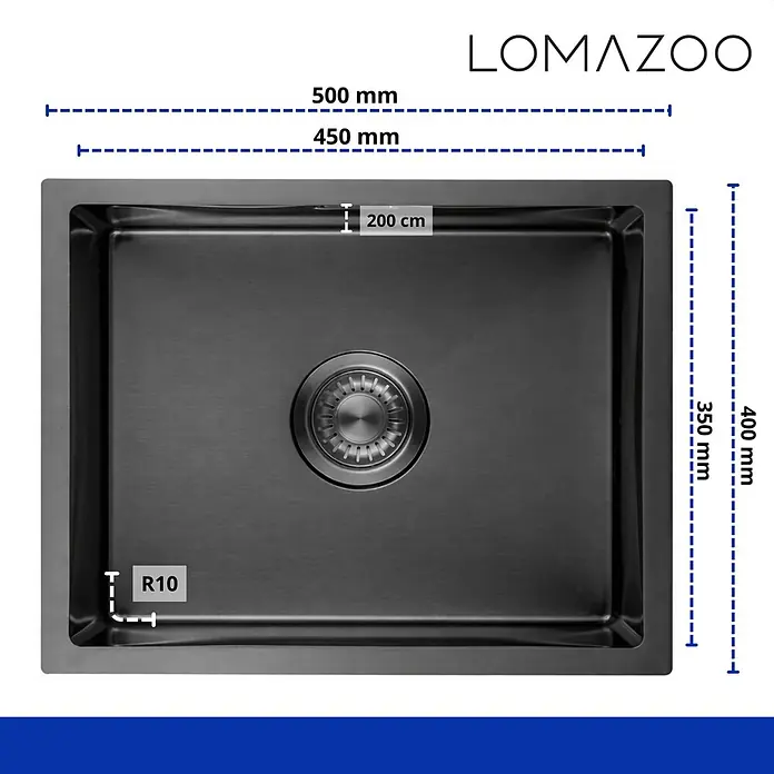 LOMAZOO Waschbecken LMZ-ONYX - Mit Überlauf, Gunmetal - Schwarzgraue Einzelspüle mit Maßen und R10-Ecken.