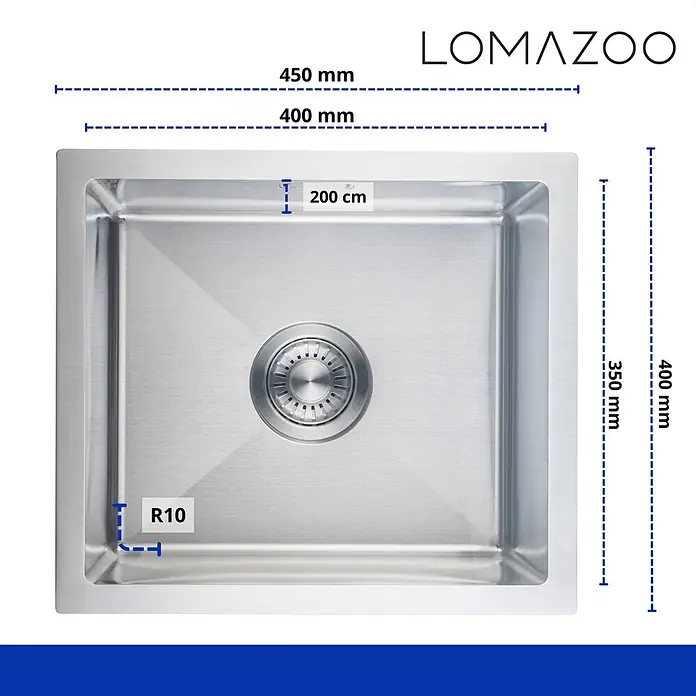 LOMAZOO Waschbecken 0G-CD4X-MQFH - Mit Überlauf, Stahl - Küchenspüle aus Edelstahl, außen 450x400 mm, Becken 400x350 mm, 20 cm tief, R10-Ecken.