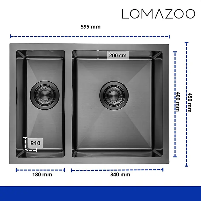 LOMAZOO Waschbecken LMZ-GALAXY - B x L: 45 x 59,5 cm, Mit Überlauf, Gunmetal - Dunkle Metall-Doppelspüle mit zwei Becken und angezeigten Maßen.