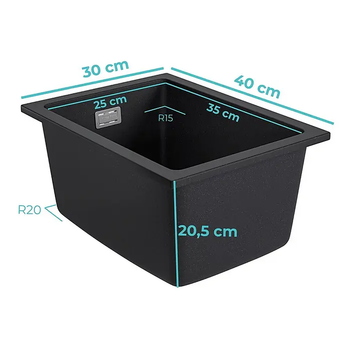 LOMAZOO Waschbecken LMZ-ISCO - B x L: 30 x 40 cm, Mit Überlauf, Schwarz - Schwarzes Komposit-Küchenspülbecken mit Maßen.