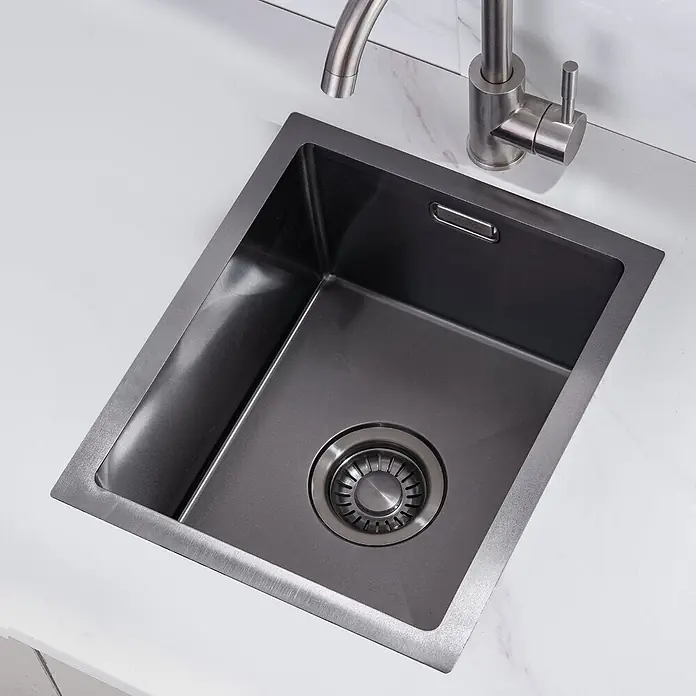 LOMAZOO Waschbecken NOAH-LMZ - Gunmetal - Dunkelgraues Spülbecken aus gebürstetem Edelstahl mit passendem Abfluss und modernem Armatur in gebürstetem Nickel.