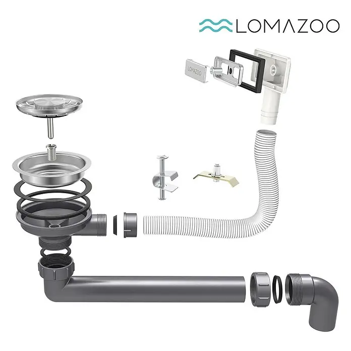 LOMAZOO Waschbecken NOAH-LMZ - Gunmetal - Zerlegtes Spülbeckenabflusssystem mit Edelstahl- und grauen Kunststoffteilen, schwarzen Dichtungen und einem weißen Flexschlauch.