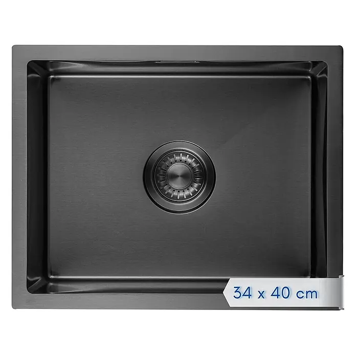 LOMAZOO Waschbecken NOAH-LMZ - Gunmetal - Dunkelgraues rechteckiges Küchenspülbecken mit gebürsteter Metalloberfläche, zentralem Abfluss und einem 34 x 40 cm Größenetikett.