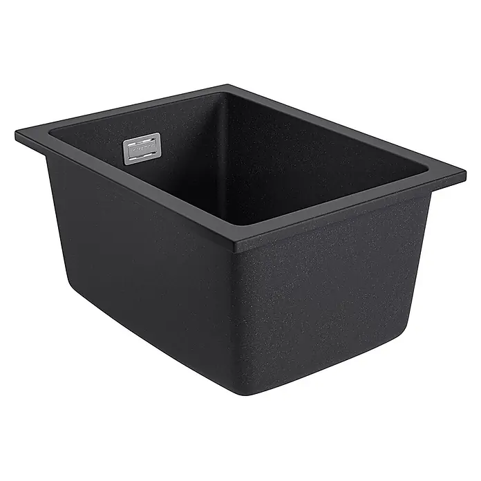 LOMAZOO Waschbecken LMZ-ISCO - B x L: 30 x 40 cm, Mit Überlauf, Schwarz - Rechteckige schwarze Granit-Verbundspüle mit matter Oberfläche und kleiner silberner Logoplakette.