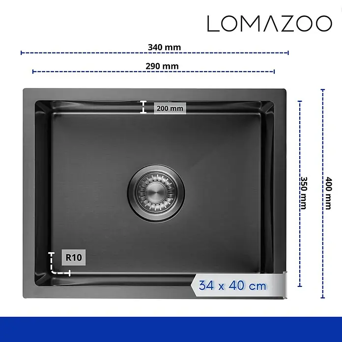 LOMAZOO Waschbecken NOAH-LMZ - Gunmetal - Dunkelgraues Küchenspülbecken (34x40 cm) mit R10-Ecken und Abfluss.