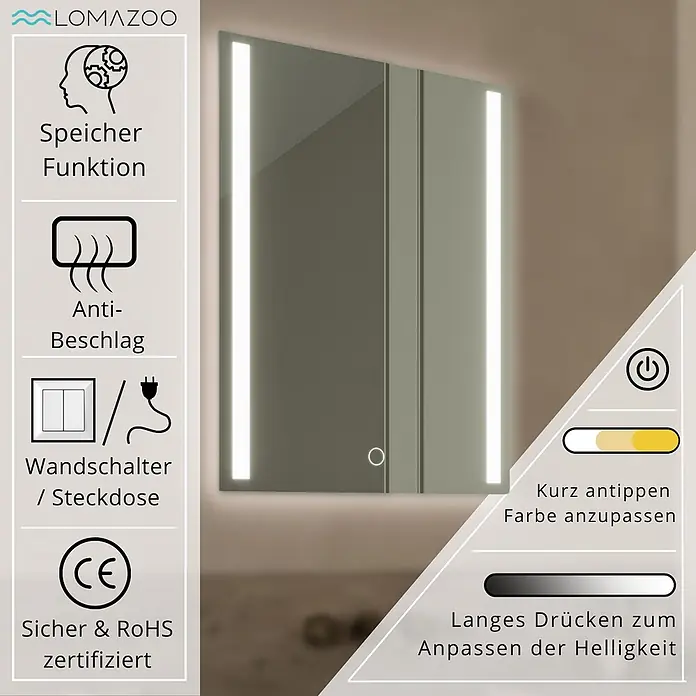 LOMAZOO Lichtspiegel LMZ-PHOENIX - 60 x 80 cm, Glänzend weiß - LOMAZOO LED-Spiegelschrank mit Touch-Bedienung für Lichtfarbe und Helligkeit, Speicherfunktion, Antibeschlag, CE/RoHS-zertifiziert.