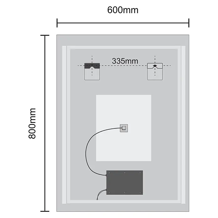 LOMAZOO Lichtspiegel LMZ-PHOENIX - 60 x 80 cm, Glänzend weiß - Rückseite eines 600x800mm Spiegels mit Montagehalterungen (335mm Abstand), einer elektrischen Komponente und einer verkabelten Treiberbox.