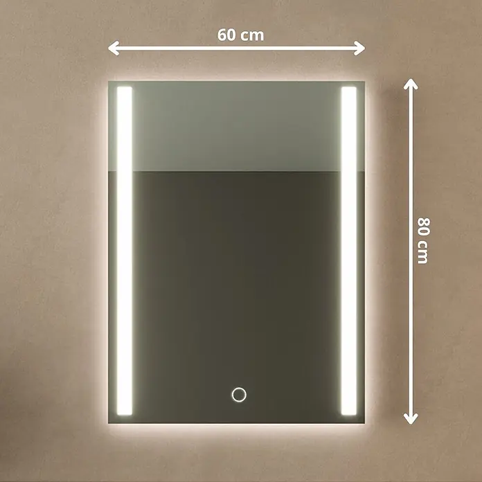 LOMAZOO Lichtspiegel LMZ-PHOENIX - 60 x 80 cm, Glänzend weiß - Rechteckiger Spiegel, 60x80 cm, mit integrierten vertikalen LED-Leisten an den Seiten und zentraler Touch-Steuerung.