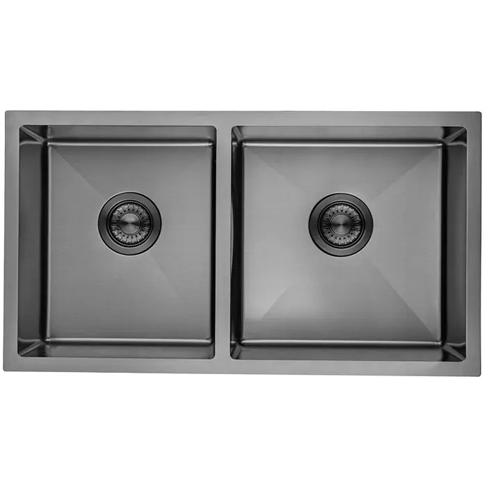 LOMAZOO Waschbecken LMZ-VERMONT - Mit Überlauf, Gunmetal - Doppelspülbecken aus gebürstetem Edelstahl in Gunmetal-Optik mit zwei Abläufen.